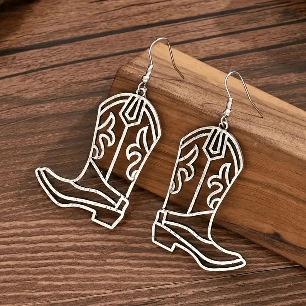 Western Silver Boot Dangle Earrings